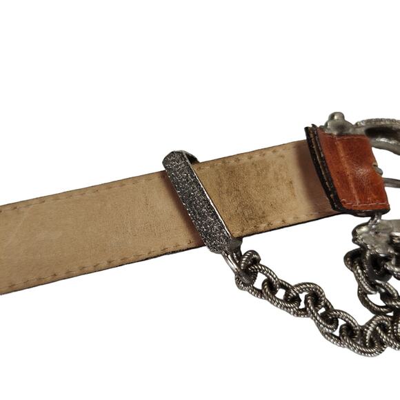 Vintage RJ Graziano Brown Leather Belt Silver Filigree Buckle Swag Chain L main image 7